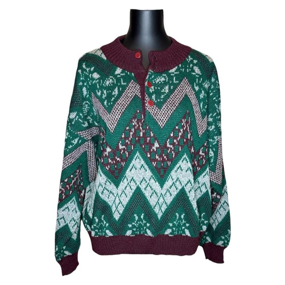 Vintage unisex intricate knit sweater henley, size M